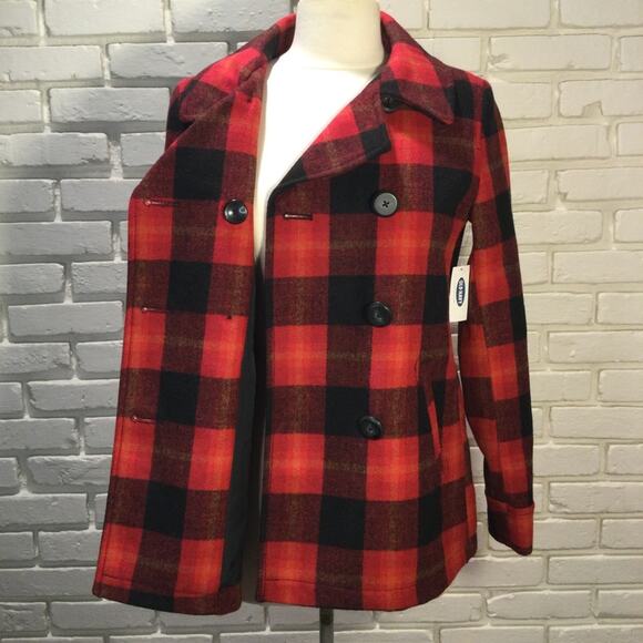 New Old Navy Red & Black Buffalo Plaid Wool Coat Small Petite - Picture 4 of 8